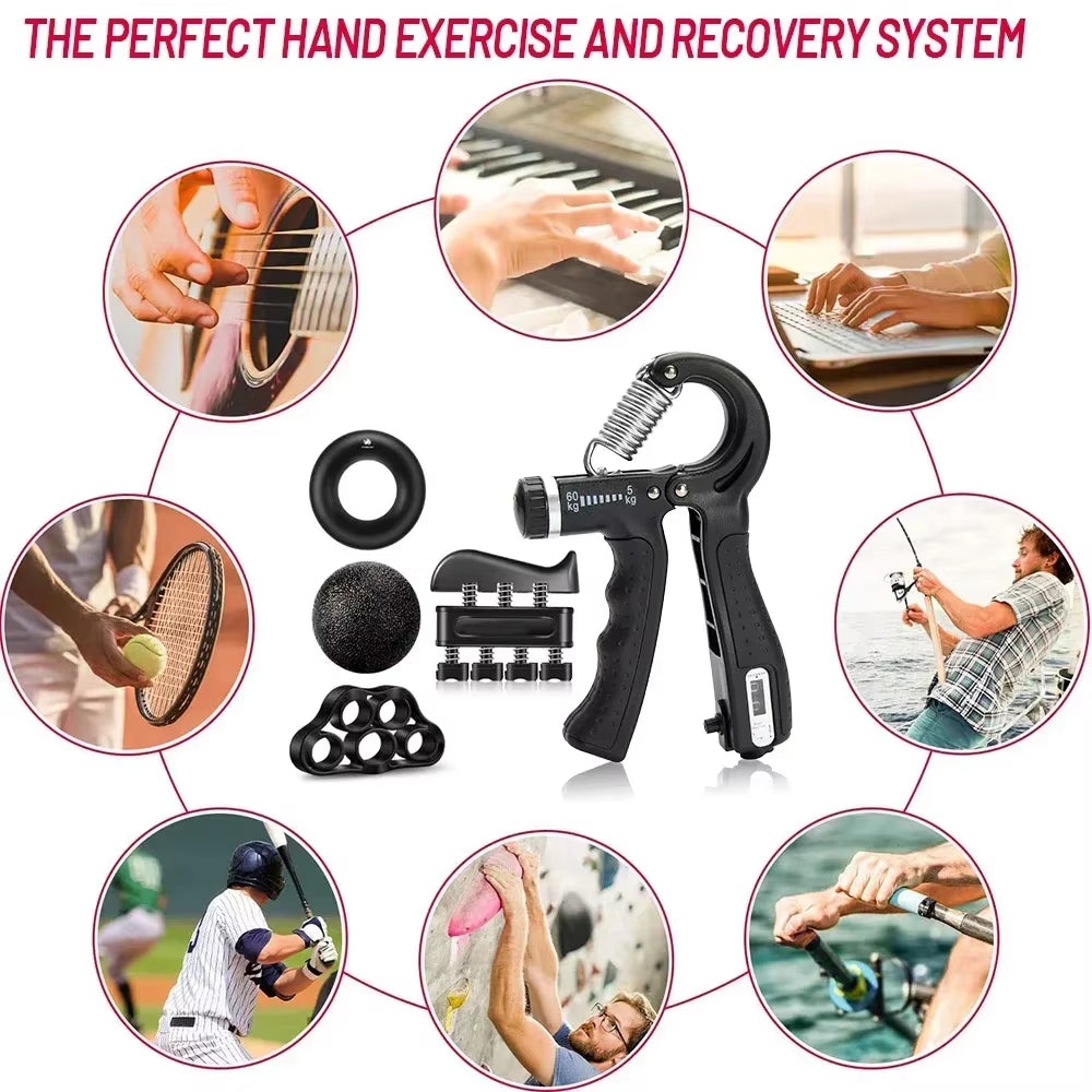 5-60Kg Adjustable Grip Strength Trainer with Finger Exerciser Hand Grip Strengthener for Muscle Building and Injury Recover